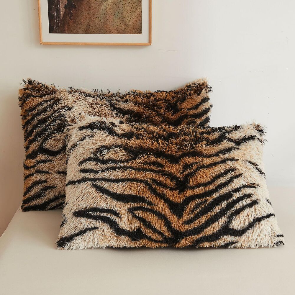 2 Pack Standard Pillowcases, Faux Fur Shaggy Pillow Covers (Tiger Print Brown)